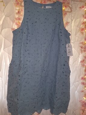Time and Tru Dusty Blue Eyelet Sleeveless Shift Dress Top